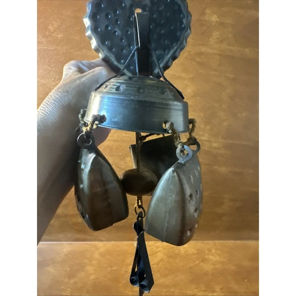 Vintage Hanging Copper Bell Wind Chimes on a Rope /Heart Hook